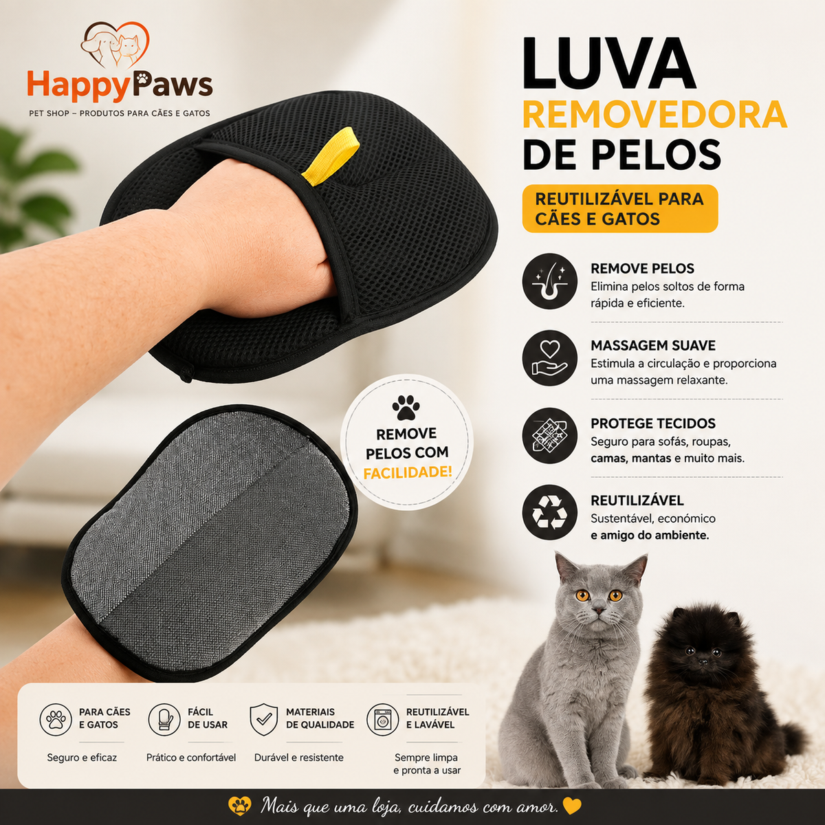 Luva Removedora de Pelos Reutilizável para Cães e Gatos | HappyPaws