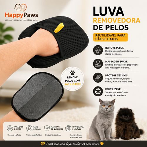 Luva Removedora de Pelos Reutilizável para Cães e Gatos | HappyPaws